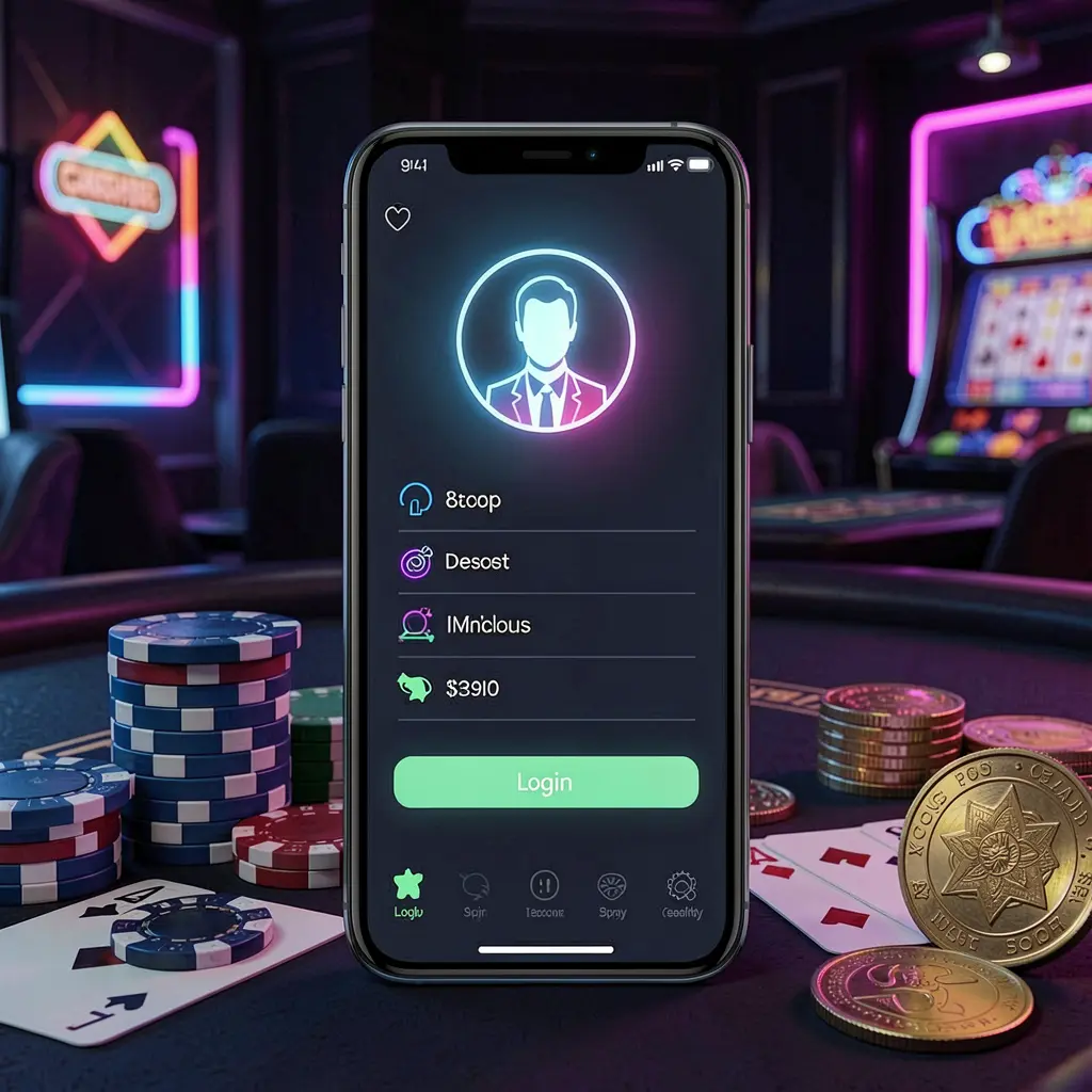 XE666 casino app login scene on a smartphone with a glowing user profile icon, surrounded by chips, cards, and coins against an elegant dark background with neon highlights XE666 casino app login scene on a smartphone with a glowing user profile icon, surrounded by chips, cards, and coins against an elegant dark background with neon highlights