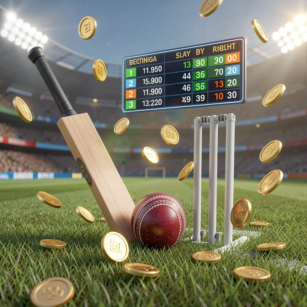 Realistic 3D illustration of a cricket bat, cricket ball, and wickets on stadium grass with floating betting odds interface and golden coins flying, showcasing XE666 sports betting page visual Realistic 3D illustration of a cricket bat, cricket ball, and wickets on stadium grass with floating betting odds interface and golden coins flying, showcasing XE666 sports betting page visual