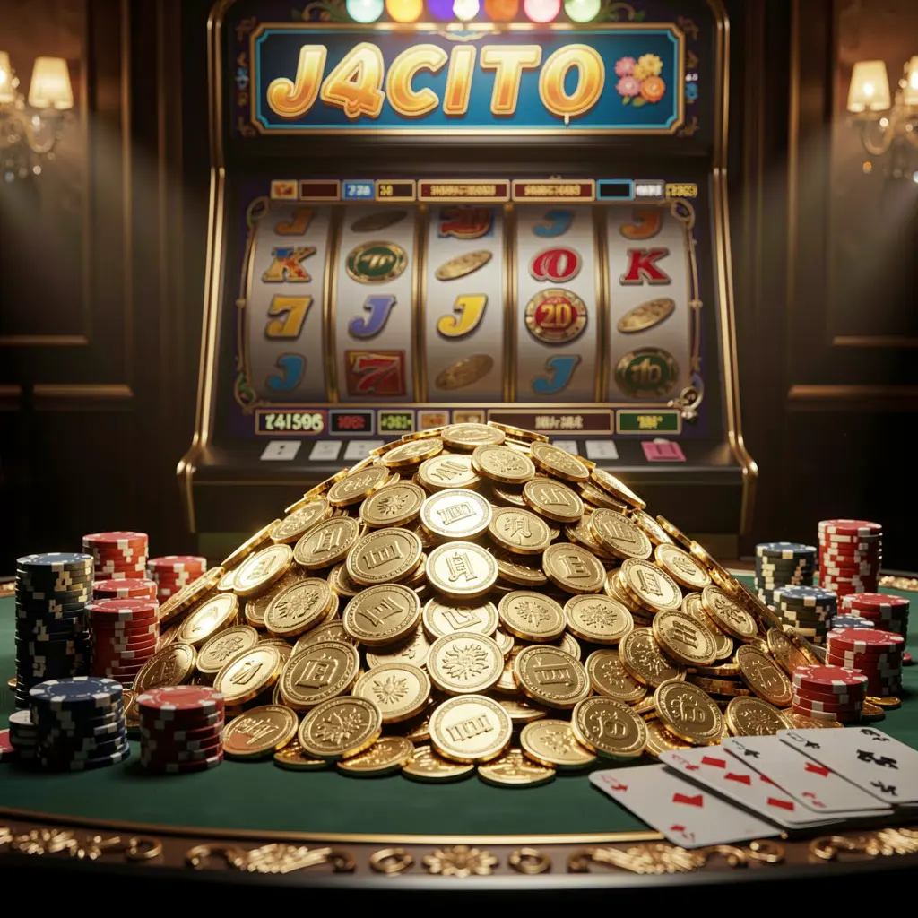 XE666 online casino jackpot bonus scene with a massive pile of golden coins, slot machine glowing with jackpot lights, poker chips and playing cards on a luxury table under dramatic cinematic lighting