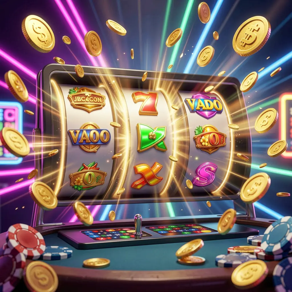 XE666 online casino free spins bonus concept featuring colorful slot machine reels spinning with golden light effects, coins flying around, jackpot symbols, and casino chips on a vibrant neon background in a dynamic 3D render