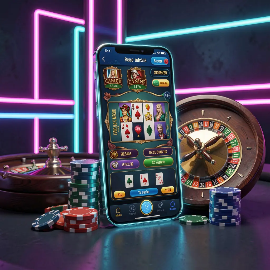 XE666 online casino platform concept displayed on a smartphone with a glowing casino interface, featuring a roulette wheel and poker chips against a premium neon background in a 3D realistic render
