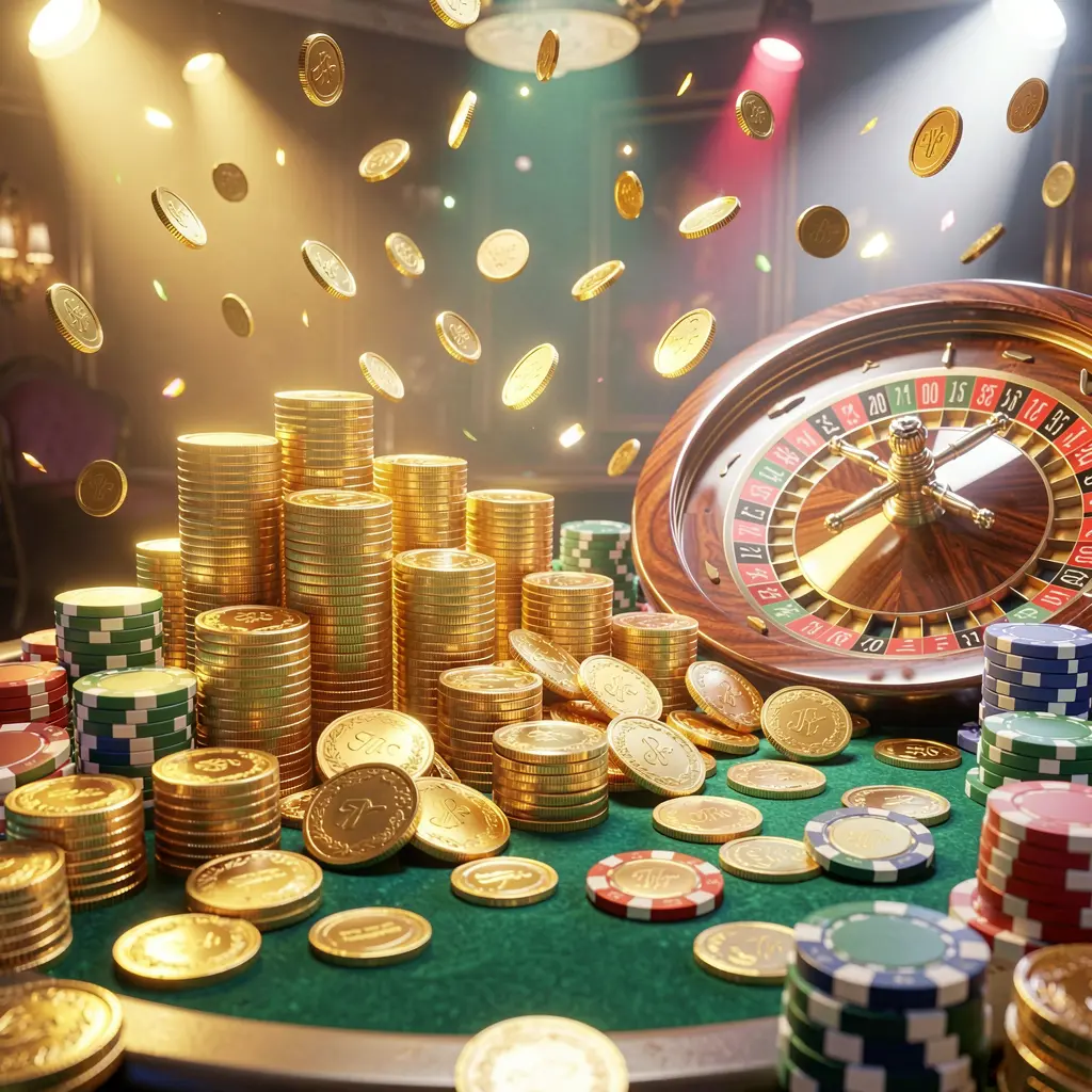 XE666 casino jackpot scene featuring golden coins, colorful poker chips, a roulette wheel, and bright glowing lights creating a luxury celebration atmosphere in a realistic 3D render