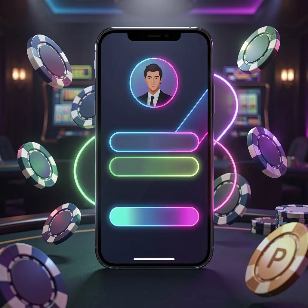 XE666 mobile casino login screen on a phone with abstract UI shapes for user profile and password fields, neon glow, chips and coins flying around in a dark premium casino atmosphere