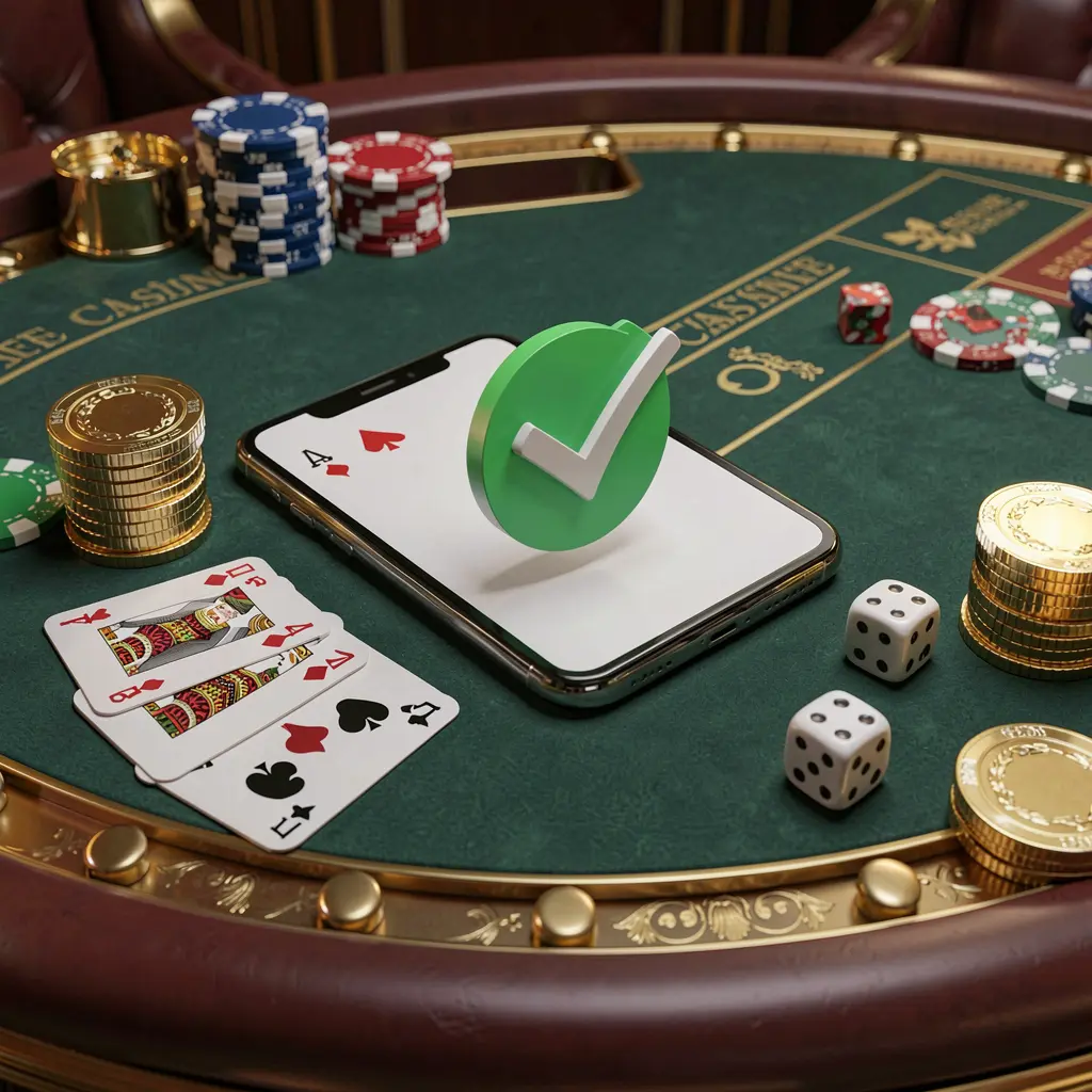 XE666 safe casino login concept showing a smartphone with verification checkmark icon surrounded by chips, cards, dice, and golden coins on an elegant luxury casino table in a 3D realistic render