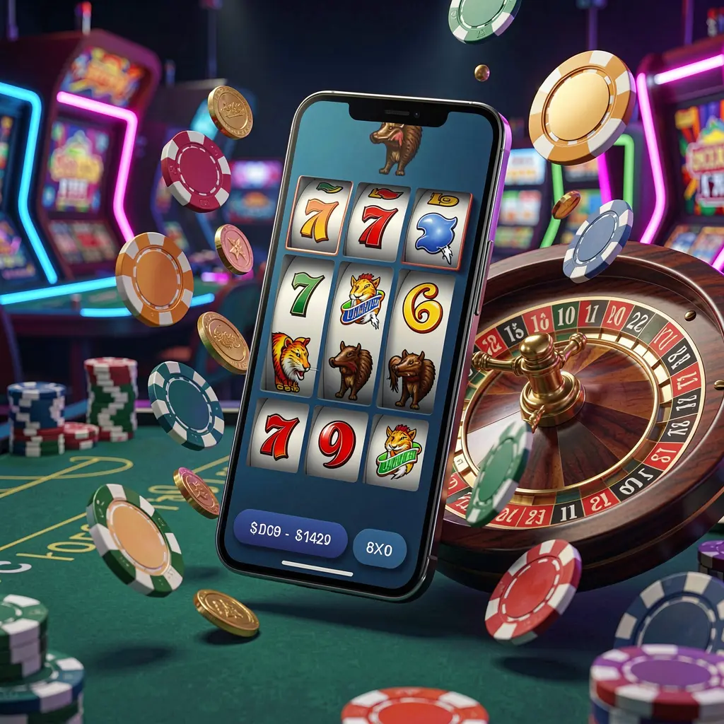 XE666 casino entertainment homepage concept featuring a modern mobile phone with slot symbols, roulette wheel, chips, and coins floating around against a neon casino background in a premium 3D render XE666 casino entertainment homepage concept featuring a modern mobile phone with slot symbols, roulette wheel, chips, and coins floating around against a neon casino background in a premium 3D render