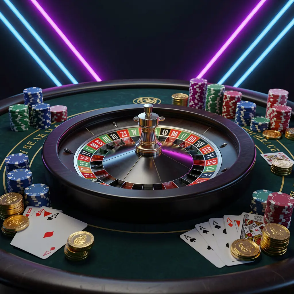 XE666 online casino homepage hero banner featuring a luxury casino table with a roulette wheel, poker chips, playing cards, and golden coins against a dark premium background with neon glow in a cinematic 3D render XE666 online casino homepage hero banner featuring a luxury casino table with a roulette wheel, poker chips, playing cards, and golden coins against a dark premium background with neon glow in a cinematic 3D render